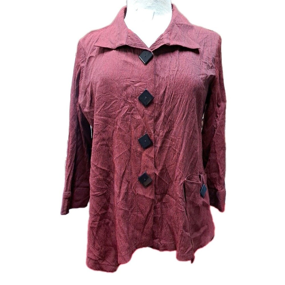 Ali Miles Shirt Jacket Burgundy Crinkle Bold Buttons Artsy Retro Top MP - Picture 1 of 9